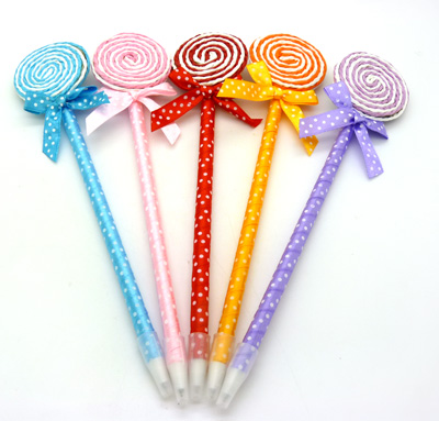  韩版创意可爱棒棒糖圆珠笔 糖果色蝴蝶结写字笔卡通笔	