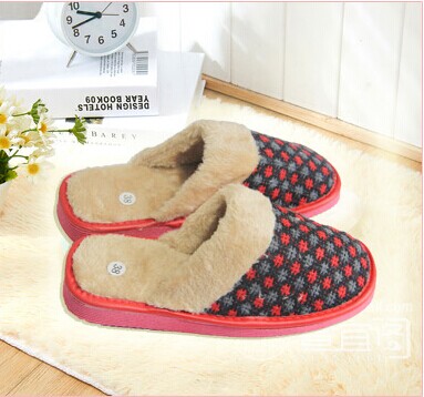 井字带毛棉麻毛绒保暖拖鞋--混色	
