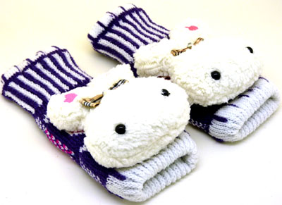 港台可爱淑女冬季保暖毛线针织半指手套卡通造型