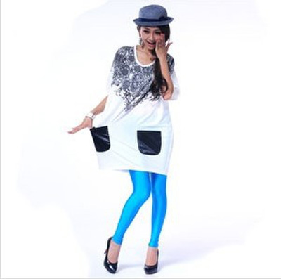 韩版弹力荧光裤九分裤(荧光湖蓝)	