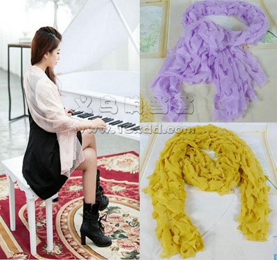 女春秋季纯色欧根纱丝巾 女式长款冬保暖围巾 -镂空蕾丝围巾披肩