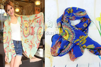 时尚韩版秋冬女孔雀围巾丝巾披肩两用 -潮流范雪纺围巾