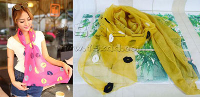 唇印图案秋冬沙滩巾丝巾 披纱围巾披肩 -唇印两用长款大女纱巾	