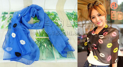 唇印图案秋冬沙滩巾丝巾 披纱围巾披肩 -唇印两用长款大女纱巾