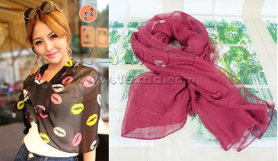 唇印图案秋冬沙滩巾丝巾 披纱围巾披肩 -唇印两用长款大女纱巾	