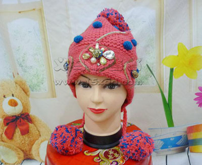 冬季帽子韩版潮可爱毛线帽-镶钻高档手工针织帽