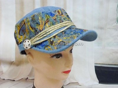 韩版潮帽时尚民族风平顶军帽 -时尚牛仔印花帽	