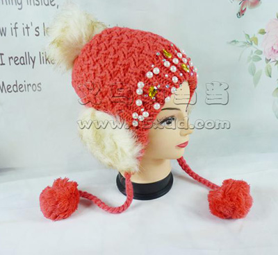 韩版潮可爱针织毛线帽 秋冬天女士时尚护耳帽子 -毛球珍珠钻帽