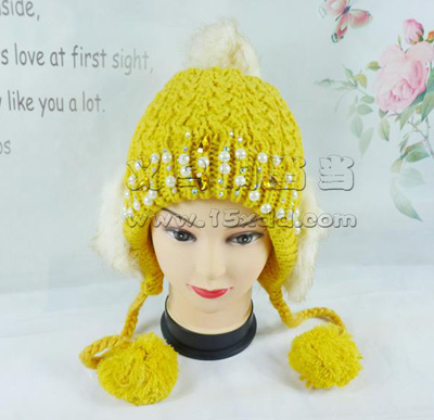 韩版潮可爱针织毛线帽 秋冬天女士时尚护耳帽子 -毛球珍珠钻帽