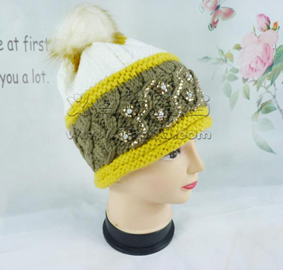  韩版毛线帽防寒保暖帽 顶部带毛球帽 -新款水钻毛线帽