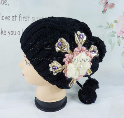 新款帽子女冬季 潮针织花水钻帽子 -手工毛线帽子