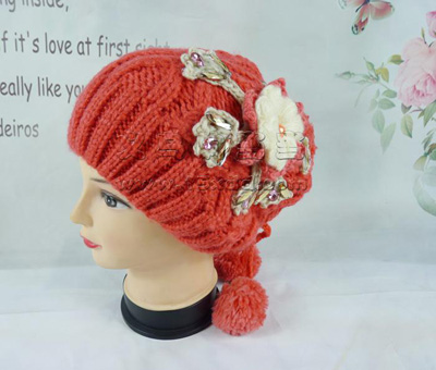 新款帽子女冬季潮针织花水钻帽子 -手工毛线帽子	