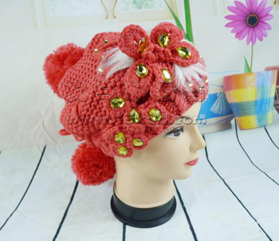 女士毛线帽秋冬帽子 针织帽时尚针织镶钻珍珠帽
