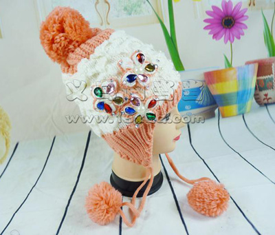 韩版潮毛线帽 女士保暖针织帽 -珍珠镶钻可爱护耳帽	