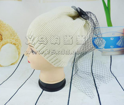  欧美风复古网纱蝴蝶结面纱针织毛线帽子 -时尚潮女士帽