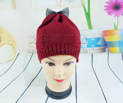 欧美风复古网纱蝴蝶结面纱针织毛线帽子 -时尚潮女士帽
