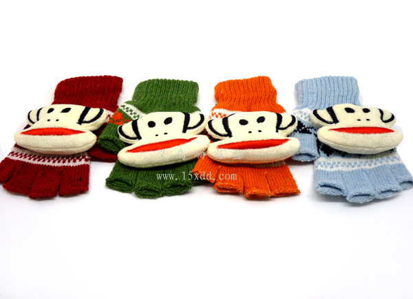 卡通大嘴猴时尚女士秋冬季保暖半指手套