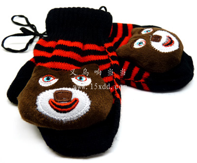 韩版卡通情侣加厚毛绒保暖带绳挂脖全指手套 卡通熊手套（33号）