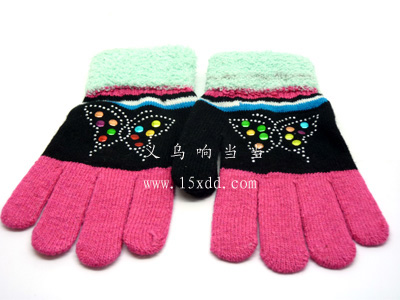 韩版加厚毛绒保暖手套 时尚休闲蝴蝶结分指五指手套（55号）	