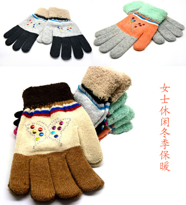 韩版加厚毛绒保暖手套 时尚休闲蝴蝶结分指五指手套（55号）