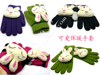 女士时尚卡通兔五指保暖手套 毛线针织秋冬季手套（16号）