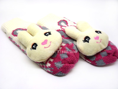 可爱卡通毛线针织手套 冬天防寒保暖加厚卡通兔全指手套8-34	