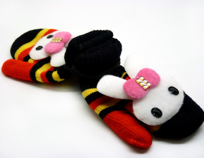 卡通手套 毛线保暖手套 儿童羊毛绒挂脖子手套 （65号）