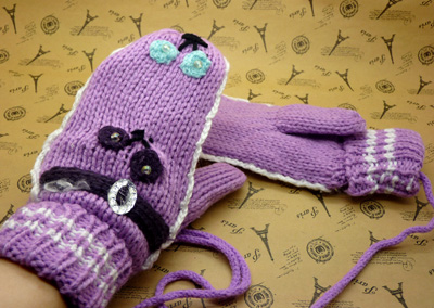 韩版女士毛线手套 可爱挂脖全指加厚加绒花朵针织手套	