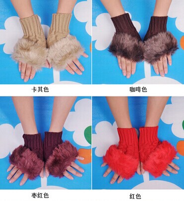 加厚可爱淑女百搭仿兔毛线露指手套/针织袖套--混色	