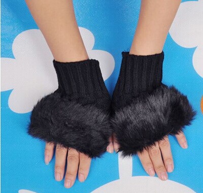 加厚可爱淑女百搭仿兔毛线露指手套/针织袖套--混色	