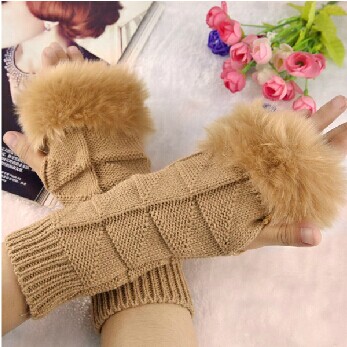  中长款韩版仿兔毛半指手套/三角针织手套-混搭	