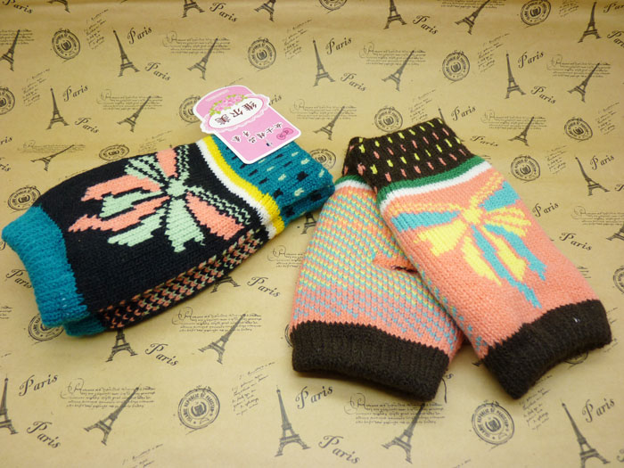 毛线手套可爱露指针织手套 冬季保暖 -半指加厚防寒	