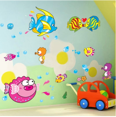 卡通亲嘴鱼墙贴 儿童卧室浴室贴画可移除墙贴纸
