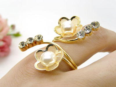 戒指组合奢华夸张14K镀金锆石珍珠开口欧美大牌指环	