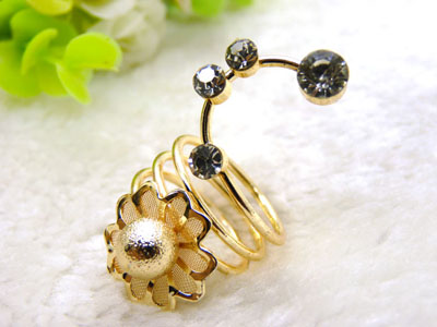 戒指组合奢华夸张14K镀金锆石珍珠开口欧美大牌指环	