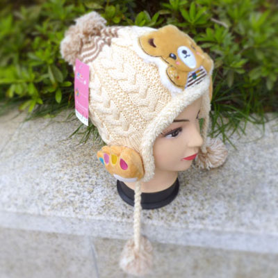 新款秋冬加绒童帽婴儿帽熊掌护耳毛线帽加厚 -熊掌护耳帽