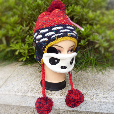 儿童可爱毛绒/羊羔绒熊猫牛奶帽亲自装情侣款 -熊猫帽带口罩	