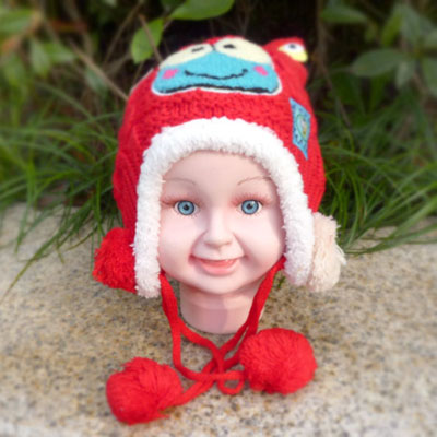 儿童毛线帽 宝宝秋冬保暖帽子 大眼青蛙护耳毛线帽  -绿豆蛙线帽