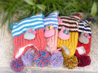 韩国婴儿帽子秋冬天男女宝宝帽子 儿童帽小孩套头毛线帽 -尖角小兔帽