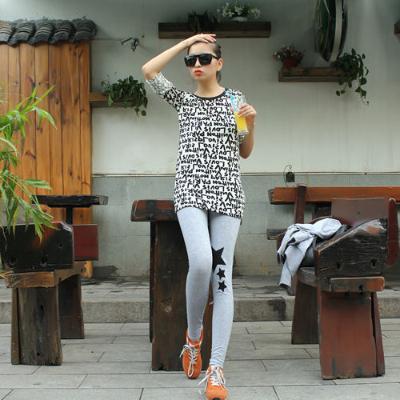 时尚印花三颗星加厚加绒保暖裤/打底裤--浅灰色（2402-4）	