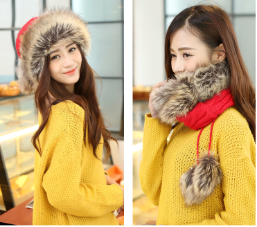 加厚加绒保暖舒适加绒皮草针织蒙古帽围脖公主帽两用帽混色