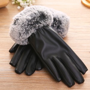 精湛工艺 羊皮质兔毛内里加绒保暖手套-平口