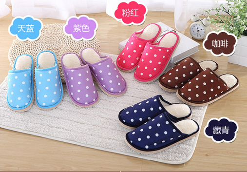 冬季棉拖鞋可爱圆点家居拖鞋 情侣