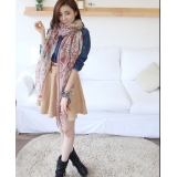 冬季新款长巾 欧美百搭缎面围巾复古双层小白花丝巾 -小白梅