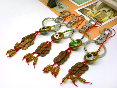 新款创意家居风水阁开运六帝钱钥匙扣挂件清代古币铜钱汽车钥匙扣饰品