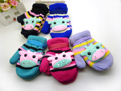 新款 秋冬天儿童可爱小兔连指宝宝挂绳挂脖手套批发