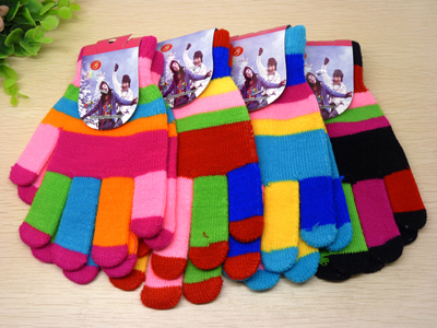 可爱男女 学生糖果条纹五指保暖手套 中小童针织毛线写字手套