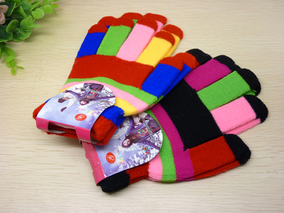 可爱男女 学生糖果条纹五指保暖手套 中小童针织毛线写字手套