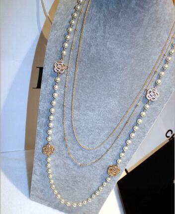 高端产品 三层项链 镶钻小花加珍珠设计 