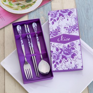中国风便捷环保卫生不锈钢礼品餐具3件套 （紫玫瑰）